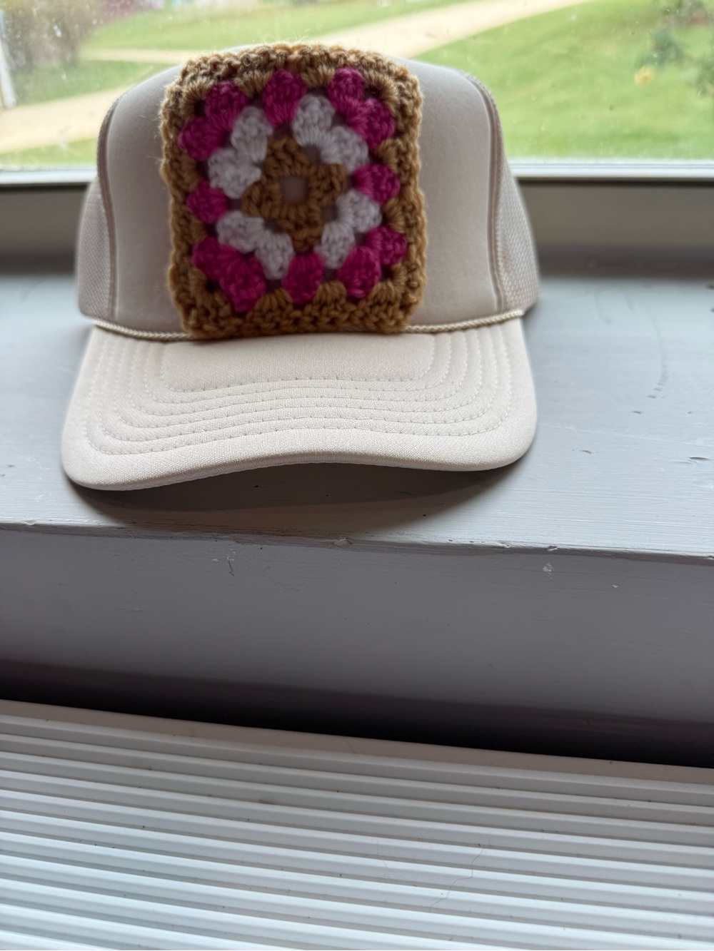 Cream Trucker Hat with Granny Square Patch
